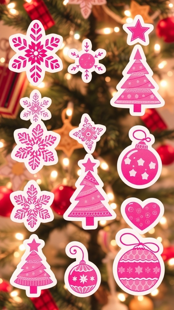 Pink Christmas Sticker Ideas A variety of pink Christmas stickers showcasing festive designs on a colorful holiday-themed backdrop.